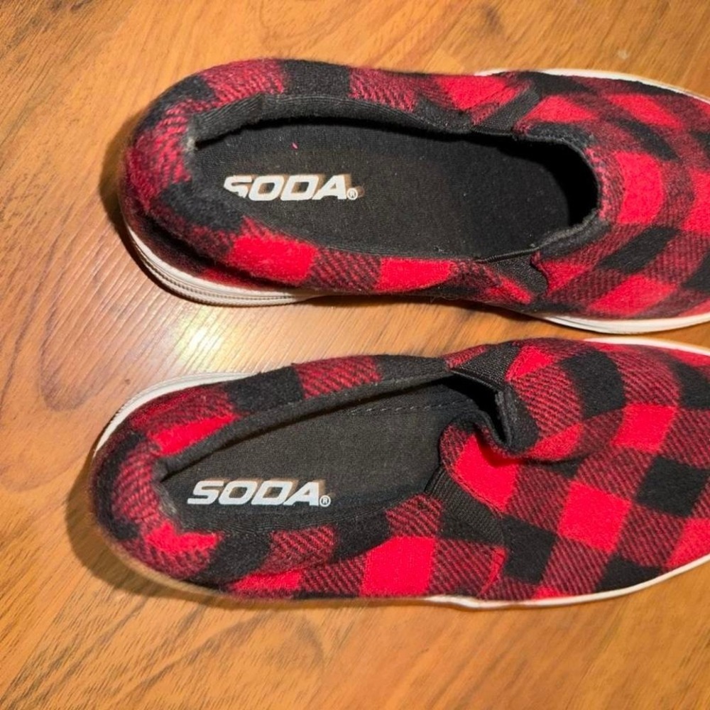 Red and black‎ plaid slip in shoes